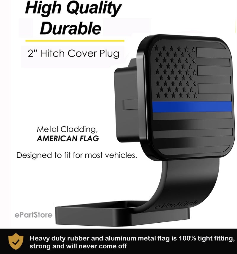 eVerHITCH 2 Inch Universal Flag Tow Hitch Covers, American Flag Trailer Hitch Cover Tube Plug Insert, Car Exterior Accessories, Receiver Tube Hitch Plug (Black with Blue Line, Fits 2" Receiver) - Image 2